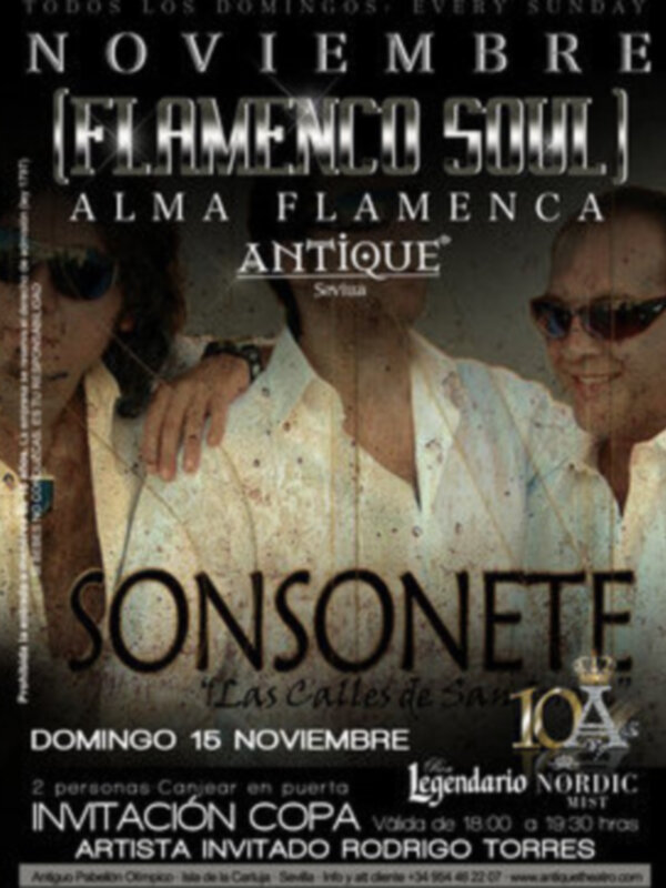 Concierto del grupo flamenco Sonsonete en Antique Theatro y actuación de los bailarines Rodrigo Torres y Carolina González como artistas invitados