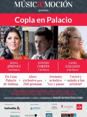 Los días 6, 7 y 8 de marzo Músicaemoción presentará el ciclo: Copla en Palacio, con Joana Jiménez, Antonio Cortés y Laura Gallego