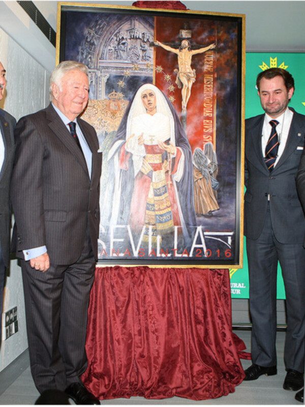 Presentación en el nuevo auditorio de Caja Rural del Sur del cartel de la Semana Santa de Sevilla 2016, obra del pintor y arquitecto César Ramírez