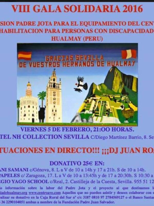 El próximo viernes 5 de febrero de 2016 celebraremos en el Hotel NH Collection a partir de las 9 de la noche, la VIII Gala Solidaria con el fin de obtener fondos para poder continuar con el proyecto que el Padre viene desarrollando en Perú como misionero.