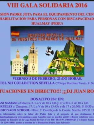 El próximo viernes 5 de febrero de 2016 celebraremos en el Hotel NH Collection a partir de las 9 de la noche, la VIII Gala Solidaria con el fin de obtener fondos para poder continuar con el proyecto que el Padre viene desarrollando en Perú como misionero.