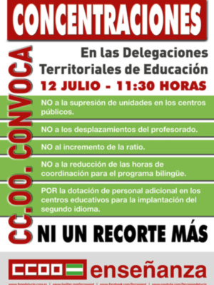 CCOO se moviliza el próximo 12 de julio contra la supresión y desplazamiento de profesorado en la educación pública andaluza