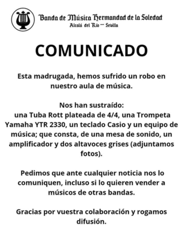La Banda de música de la Soledad de Alcalá del Río denuncia un robo
