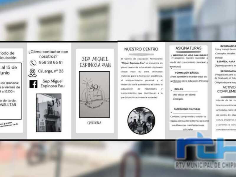 El Centro de Educación de Adultos de Chipiona informa de la apertura el 1 de junio del periodo de matriculación para el próximo curso 