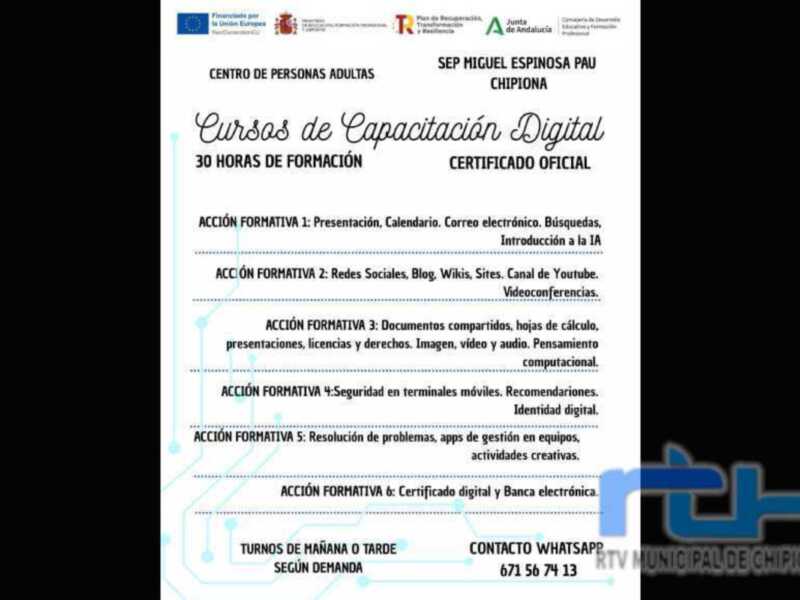 El Centro de Educación de Adultos de Chipiona oferta en julio un curso oficial de capacitación digital  